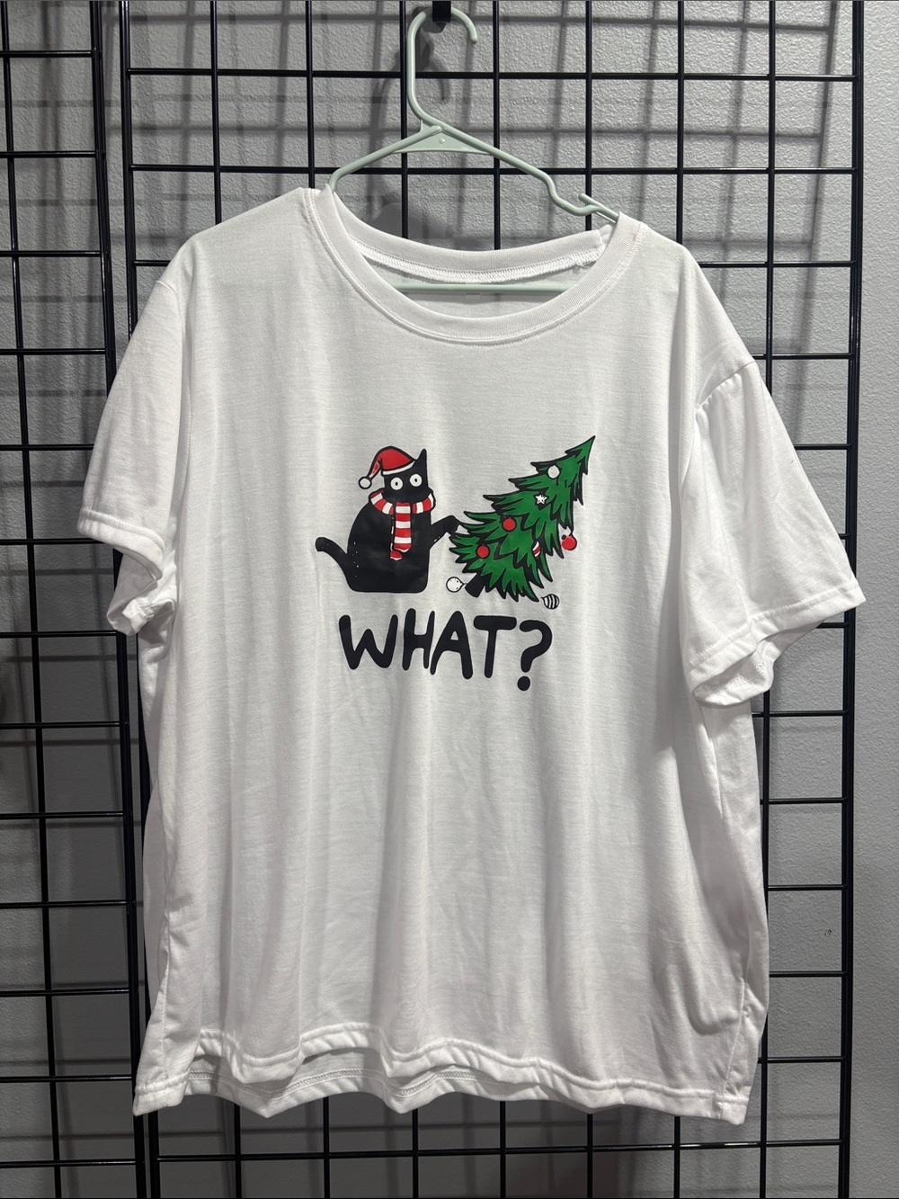 White Graphic Tee with Cat & Christmas Tree "WHAT?" NWOT